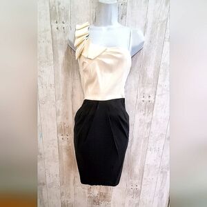 💚5/$25 Jodi Kristopher Ruffled Cream & Black Cocktail Pencil Dress Size 8/9